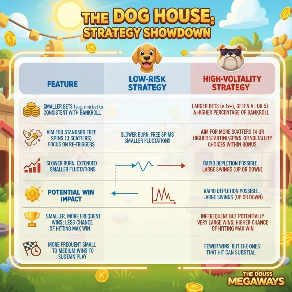 A visual comparison chart or infographic highlighting the differences between low-risk and high-volatility strategies in The Dog House Megaways, showing bet sizes, free spins modes, and bankroll impact.