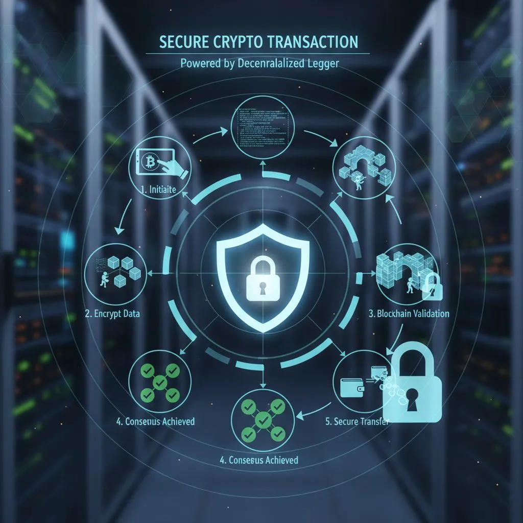 Secure crypto transaction steps on blockchain with lock icon.