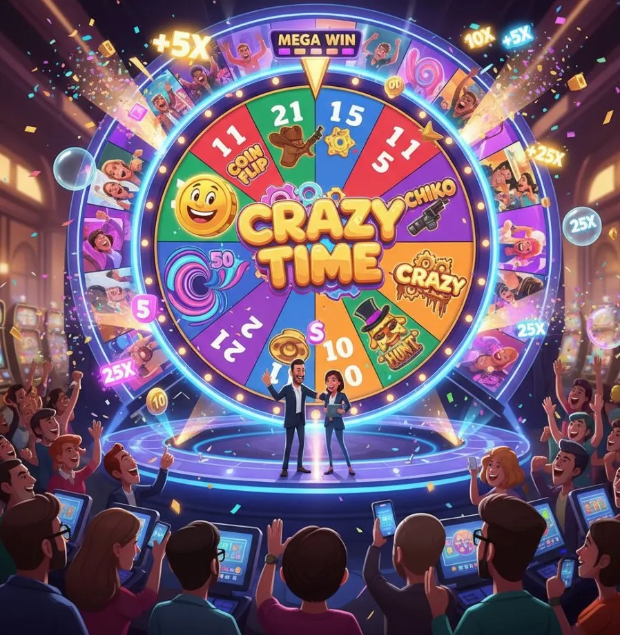 A detailed graphic of the Crazy Time main wheel showing the distribution of number segments (1, 2, 5, 10) and bonus game segments (Cash Hunt, Pachinko, Coin Flip, Crazy Time), clearly indicating their frequency.