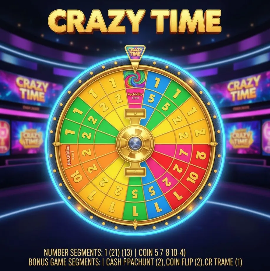 A vibrant illustration of the Crazy Time money wheel with various bonus game elements and multipliers, set against a backdrop of exciting live casino action.