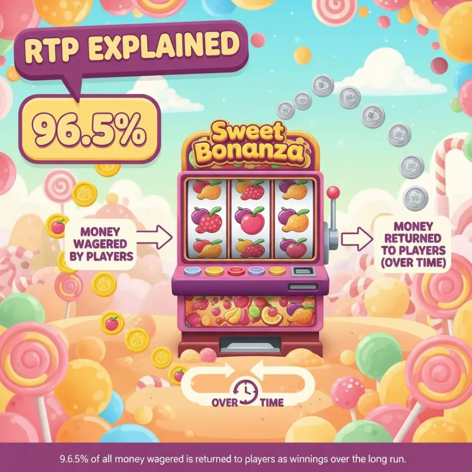A diagram explaining RTP, showing a percentage (e.g., 96.5%) and arrows indicating money wagered and money returned to players over time, with Sweet Bonanza visuals.