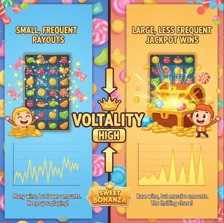 An infographic depicting high volatility in Sweet Bonanza, contrasting small, frequent payouts with large, less frequent jackpot wins, set against the game's candy background.