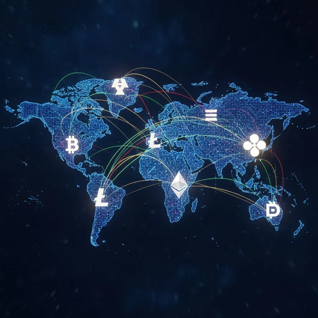 Global map with crypto symbols and fast transaction lines.